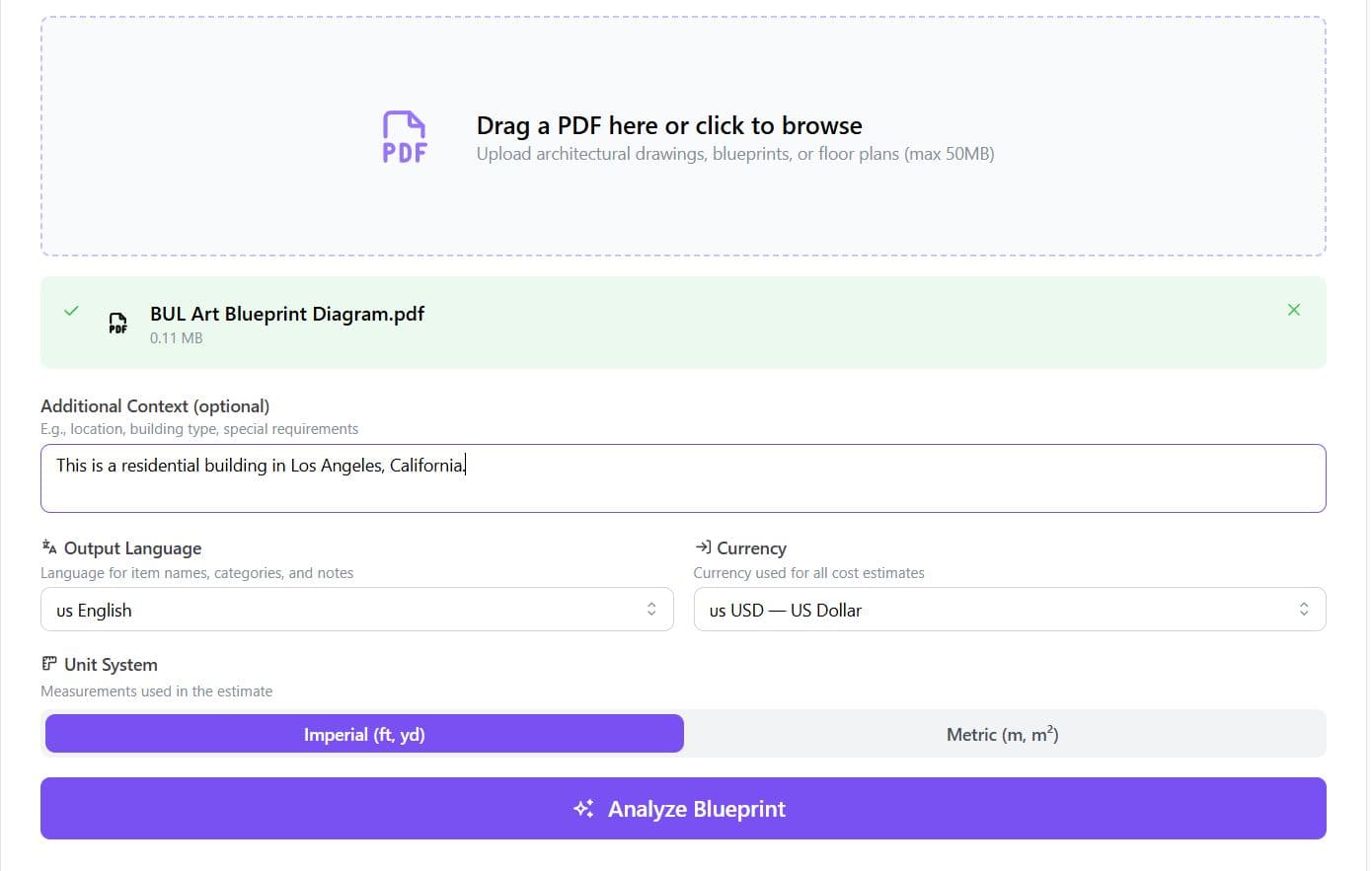 Upload PDF, choose output language, currency, and unit system, then analyze