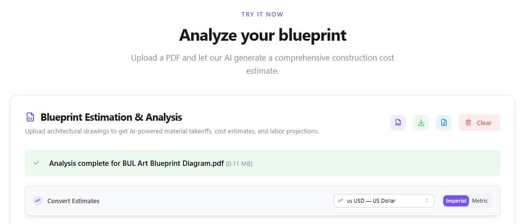 Full estimate with PDF, CSV, and bid proposal download buttons